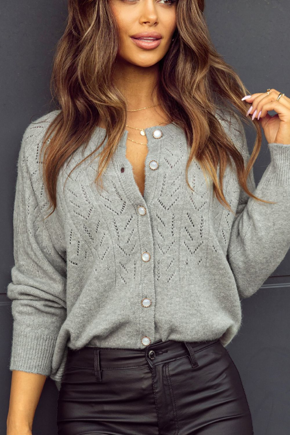 Openwork Button Down Long Sleeve Cardigan - Charming Charlie