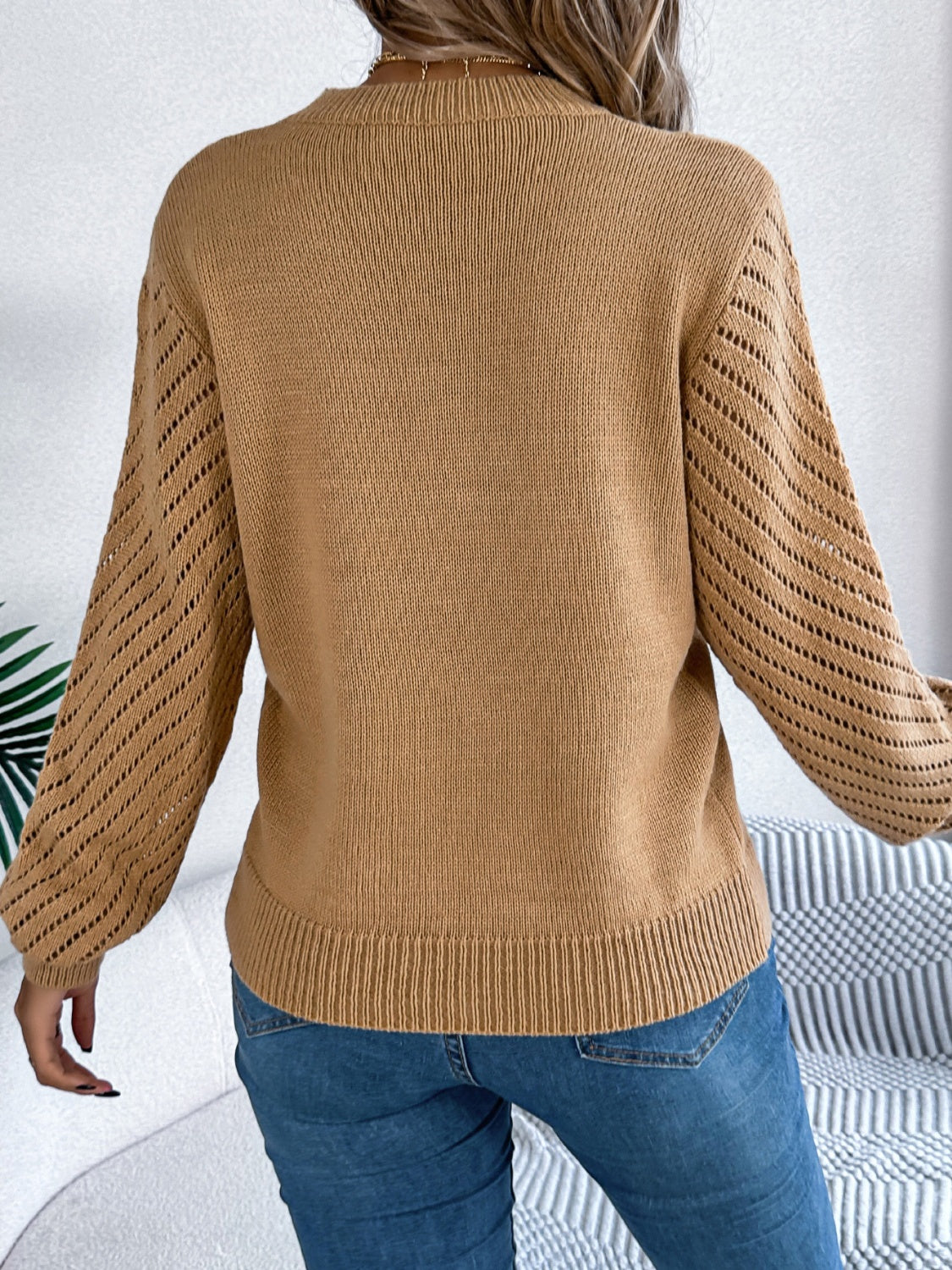 Openwork Round Neck Long Sleeve Knit Top - Charming Charlie