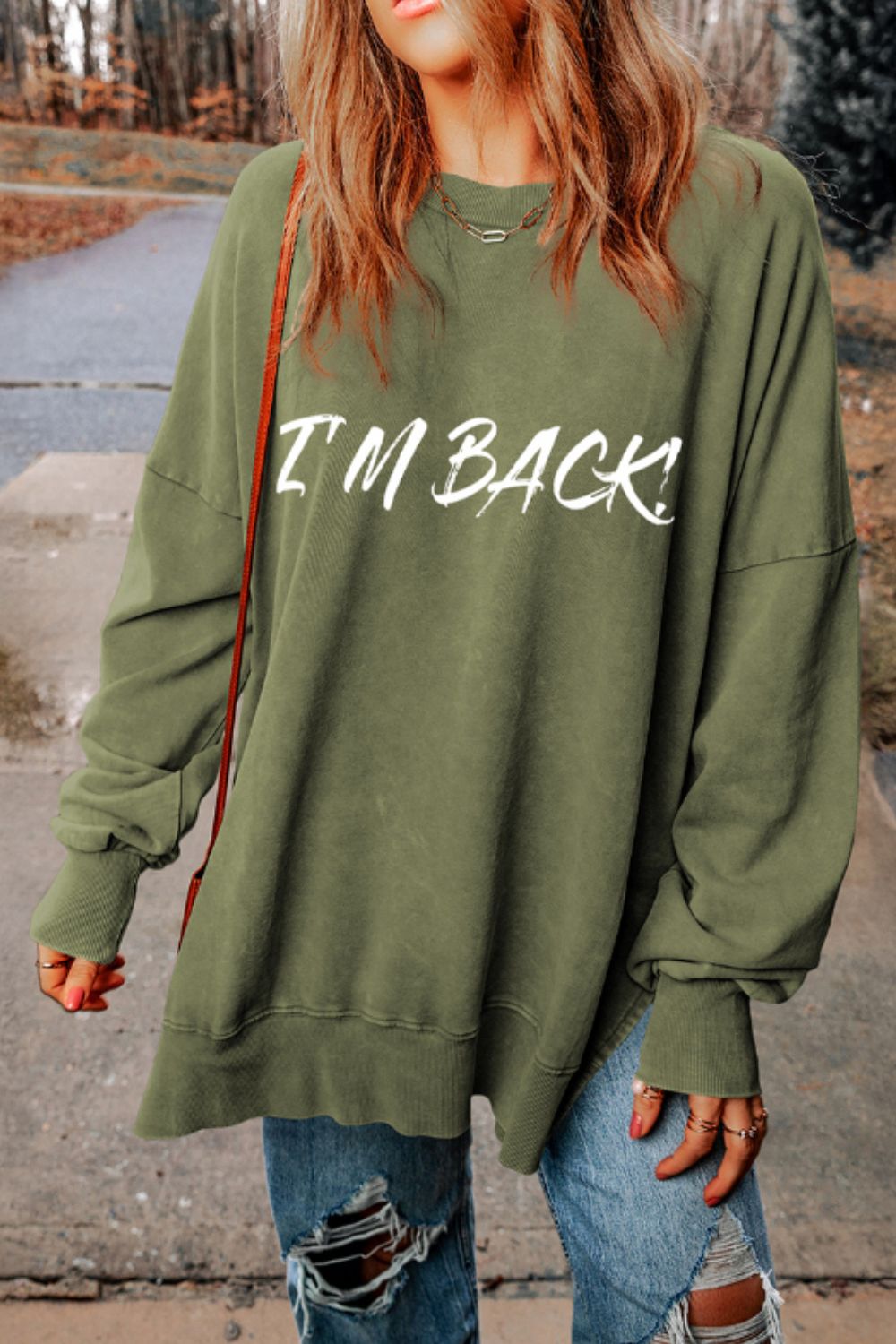 I'M BACK Round Neck Dropped Shoulder Sweatshirt - Charming Charlie