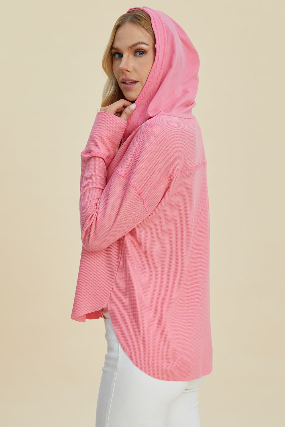 Double Take Full Size High-Low Dropped Shoulder Long Sleeve Hoodie - Charming Charlie