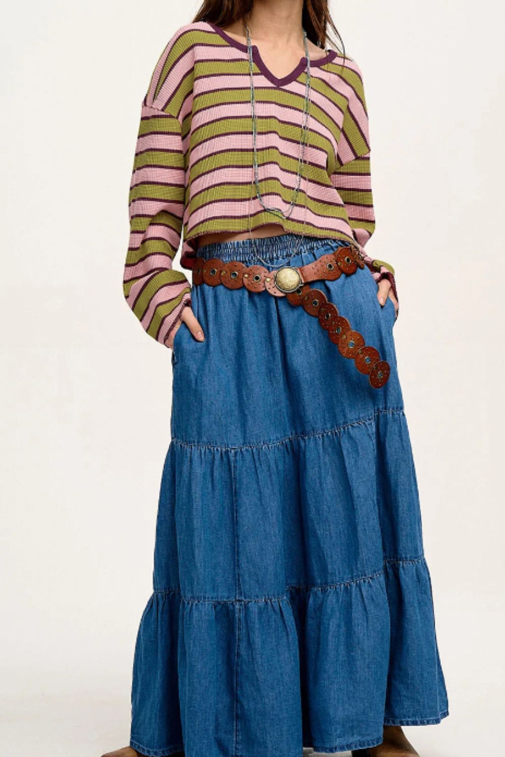 Striped Notched Long Sleeve T-Shirt - Charming Charlie