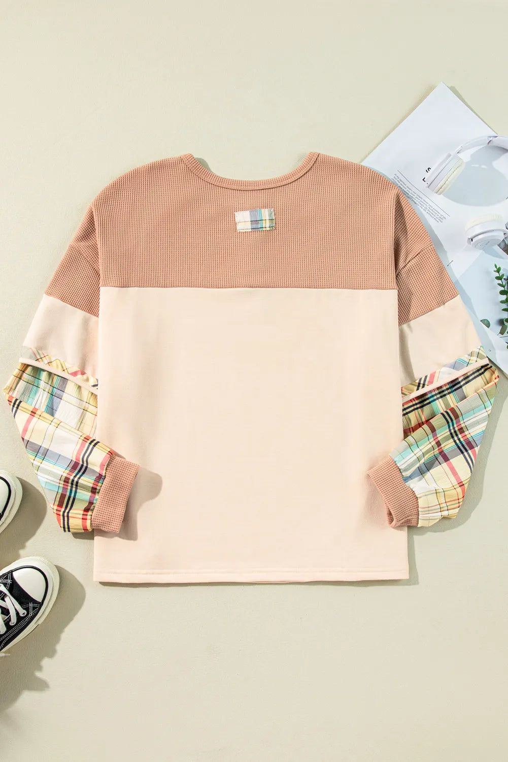 Plus Size Waffle-Knit Detail Plaid Round Neck Top - Charming Charlie