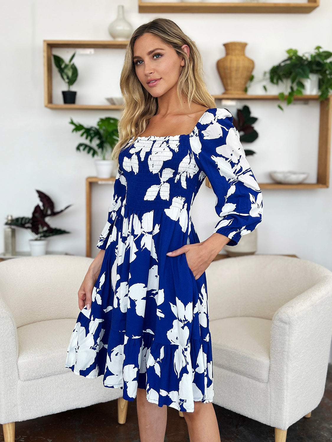 Double Take Full Size Floral Ruffle Hem Smocked Dress with Pockets - Charming Charlie