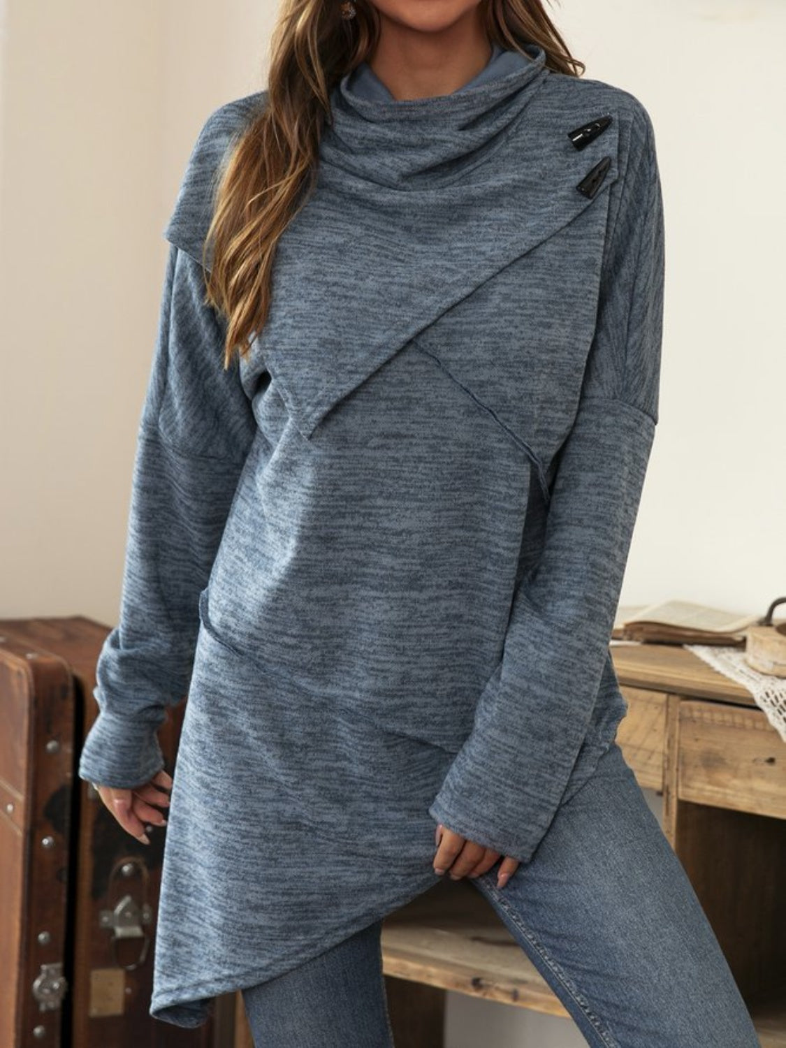 Asymmetrical Hem Cowl Neck Long Sleeve T-Shirt - Charming Charlie