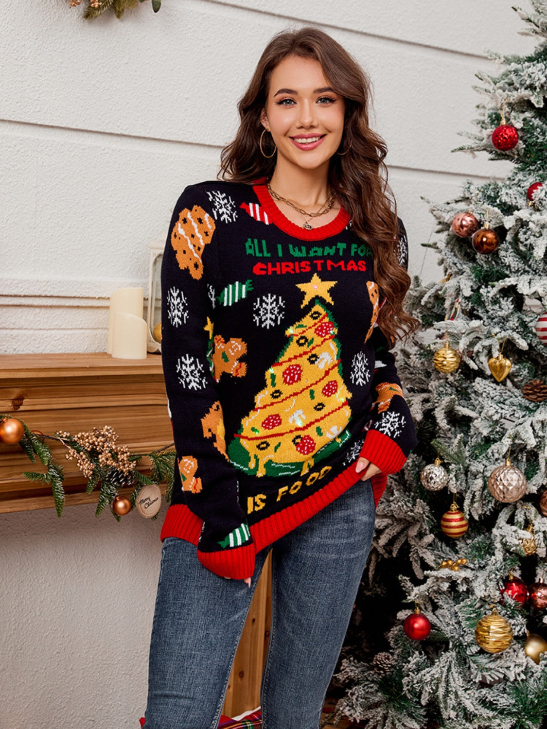 Christmas Element Round Neck Long Sleeve Sweater - Charming Charlie