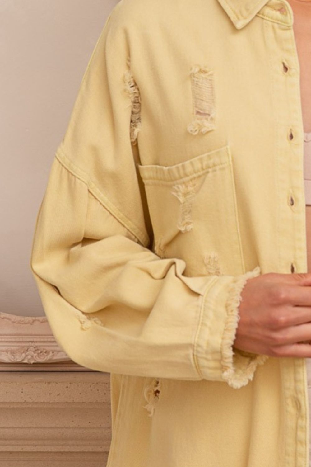 POL Button Down Raw Hem Distressed Shacket - Charming Charlie