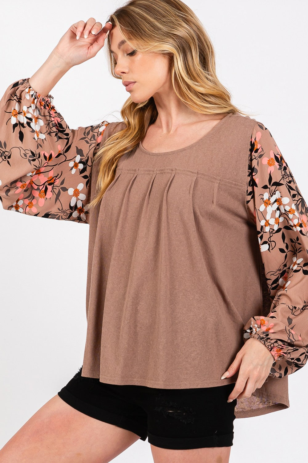 SAGE + FIG Floral Long Sleeve Front Pleated Detail Blouse - Charming Charlie