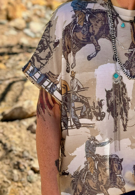 Cowboy Print Round Neck Short Sleeve T Shirt - Charming Charlie