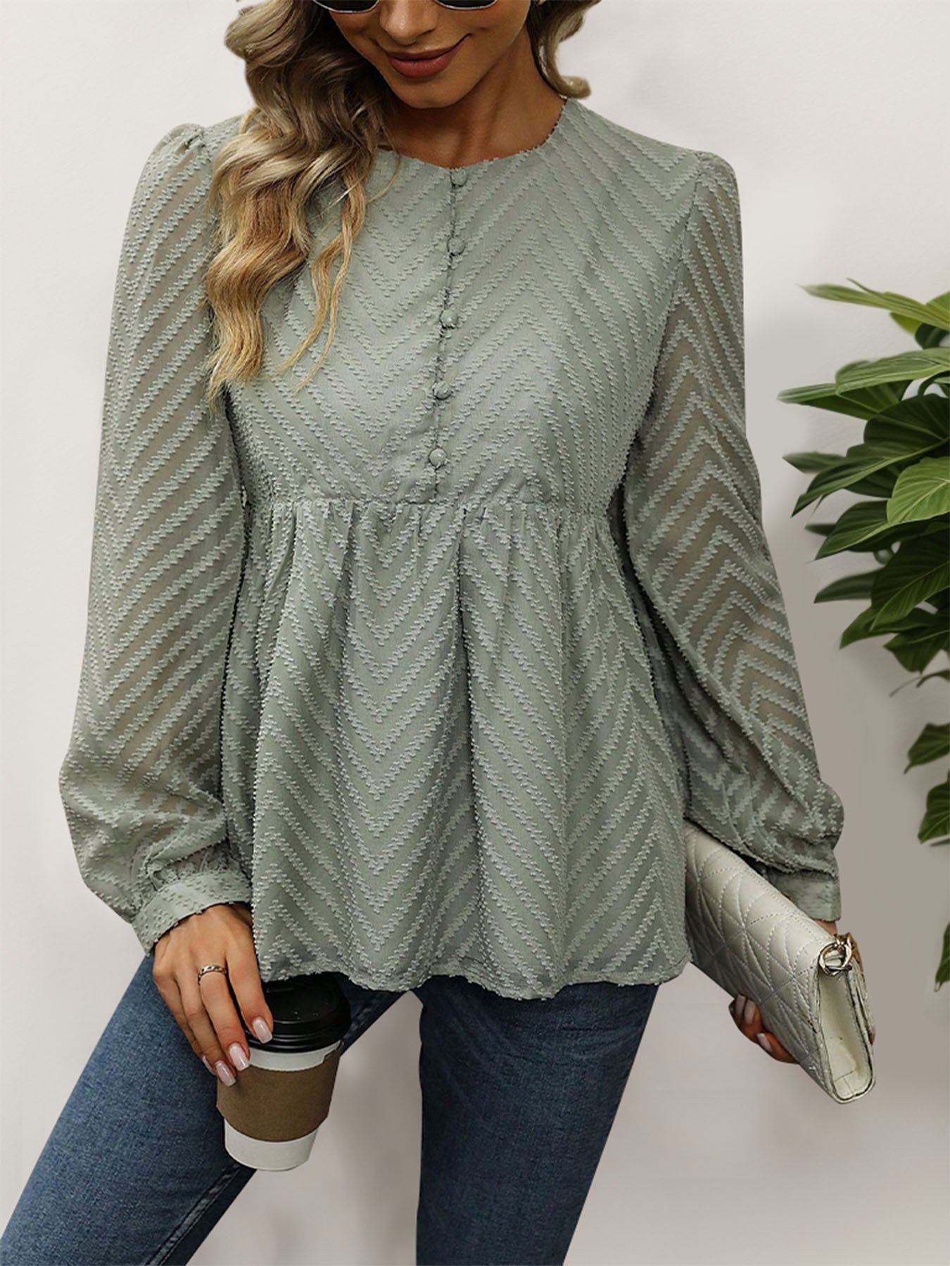 Peplum Round Neck Long Sleeve Blouse - Charming Charlie