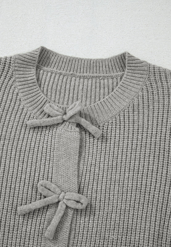 Bow Round Neck Long Sleeve Cardigan - Charming Charlie