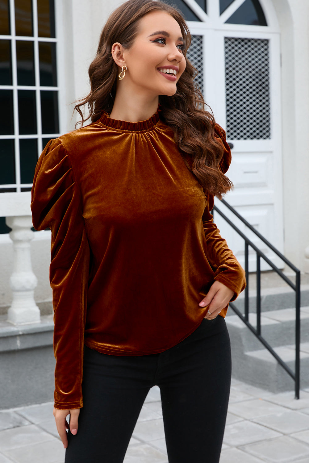 Frill Mock Neck Puff Sleeve Blouse - Charming Charlie
