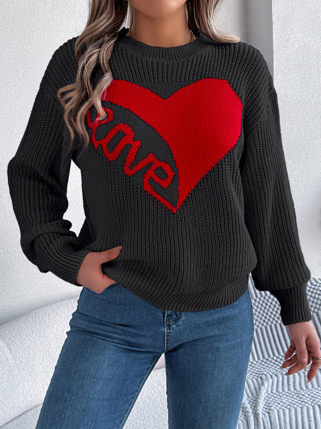 LOVE Heart Round Neck Dropped Shoulder Sweater - Charming Charlie