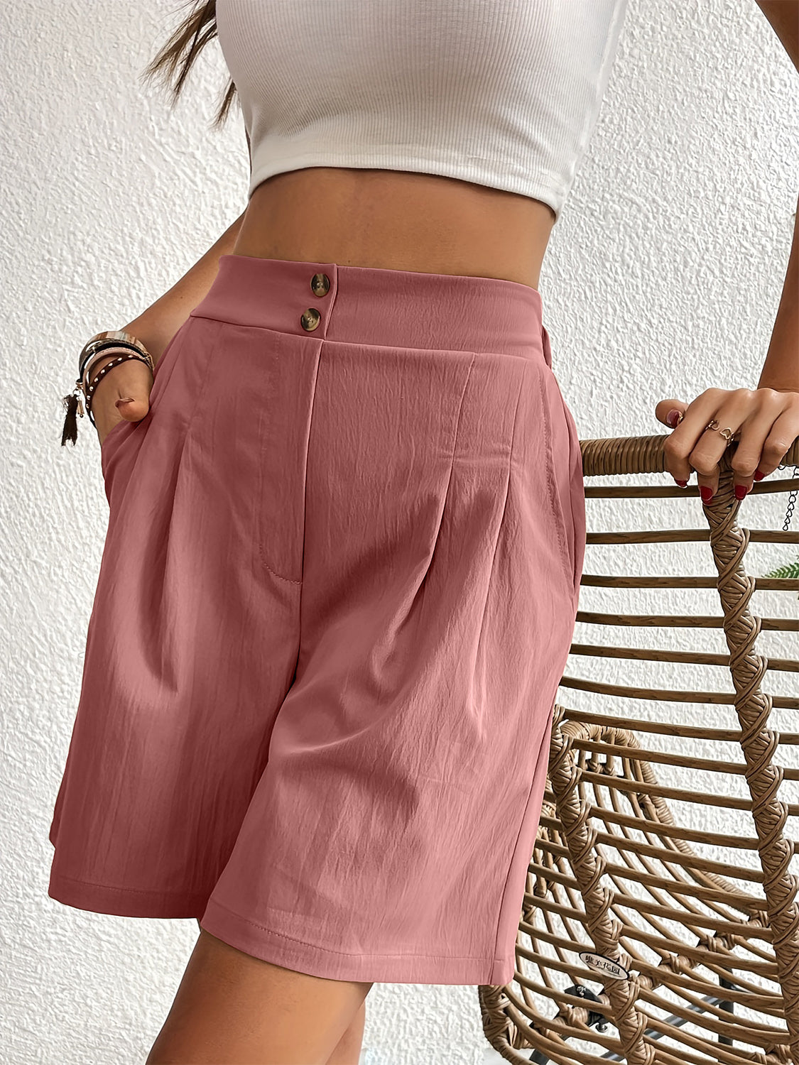 Pocketed Half Elastic Waist Shorts - Charming Charlie