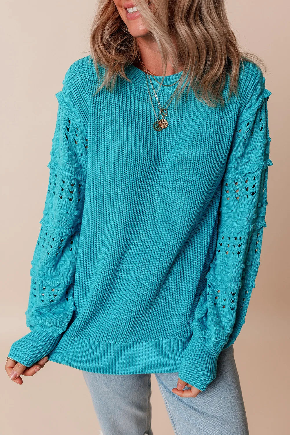 Openwork Frill Round Neck Long Sleeve Sweater - Charming Charlie