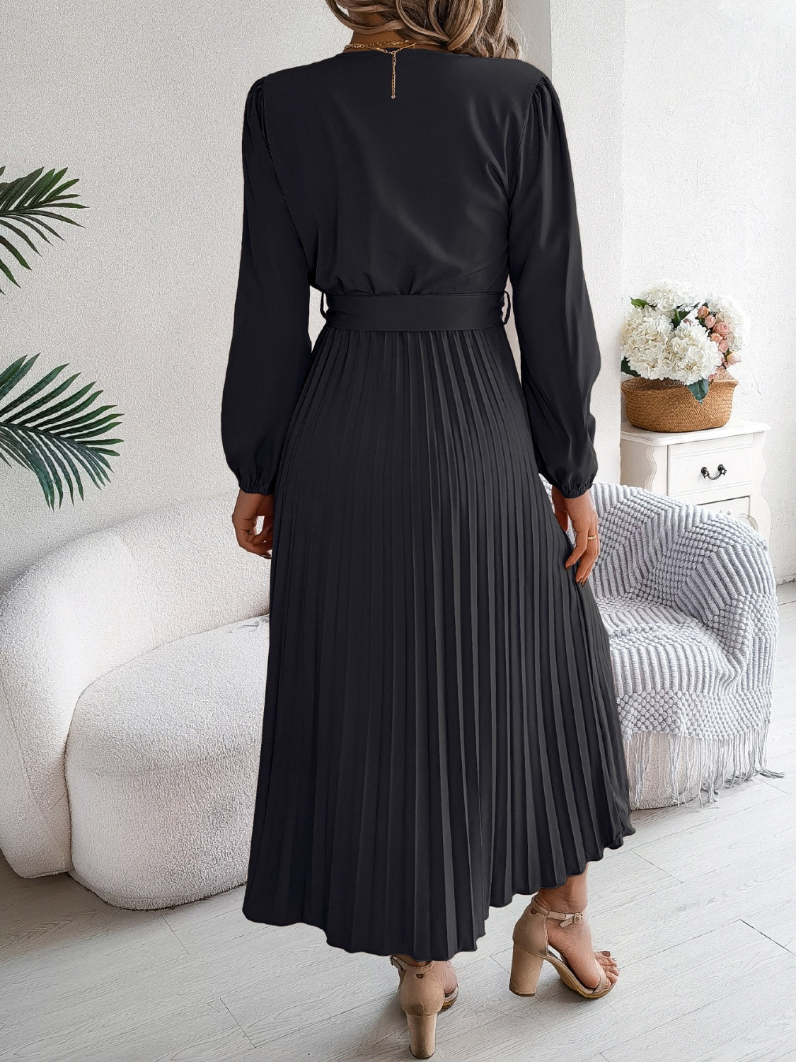 Pleated Tied V-Neck Long Sleeve Dress - Charming Charlie