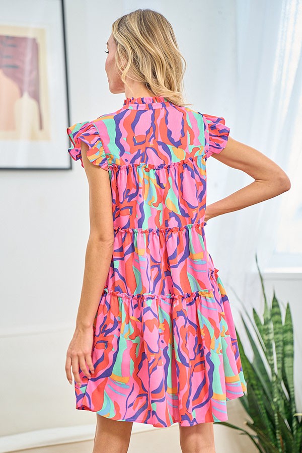 First Love Full Size Printed Ruffle Cap Sleeve Tiered Dress - Charming Charlie