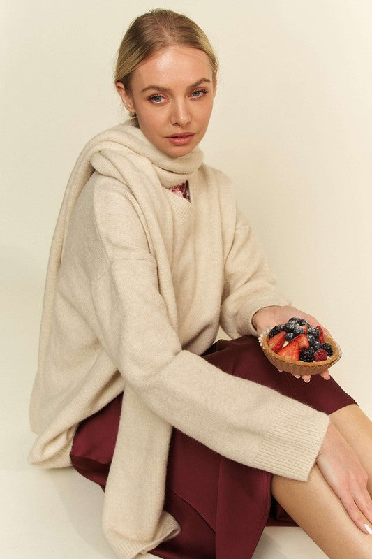 Davi & Dani V-Neck Dropped Shoulder Sweater with Scarf - Charming Charlie