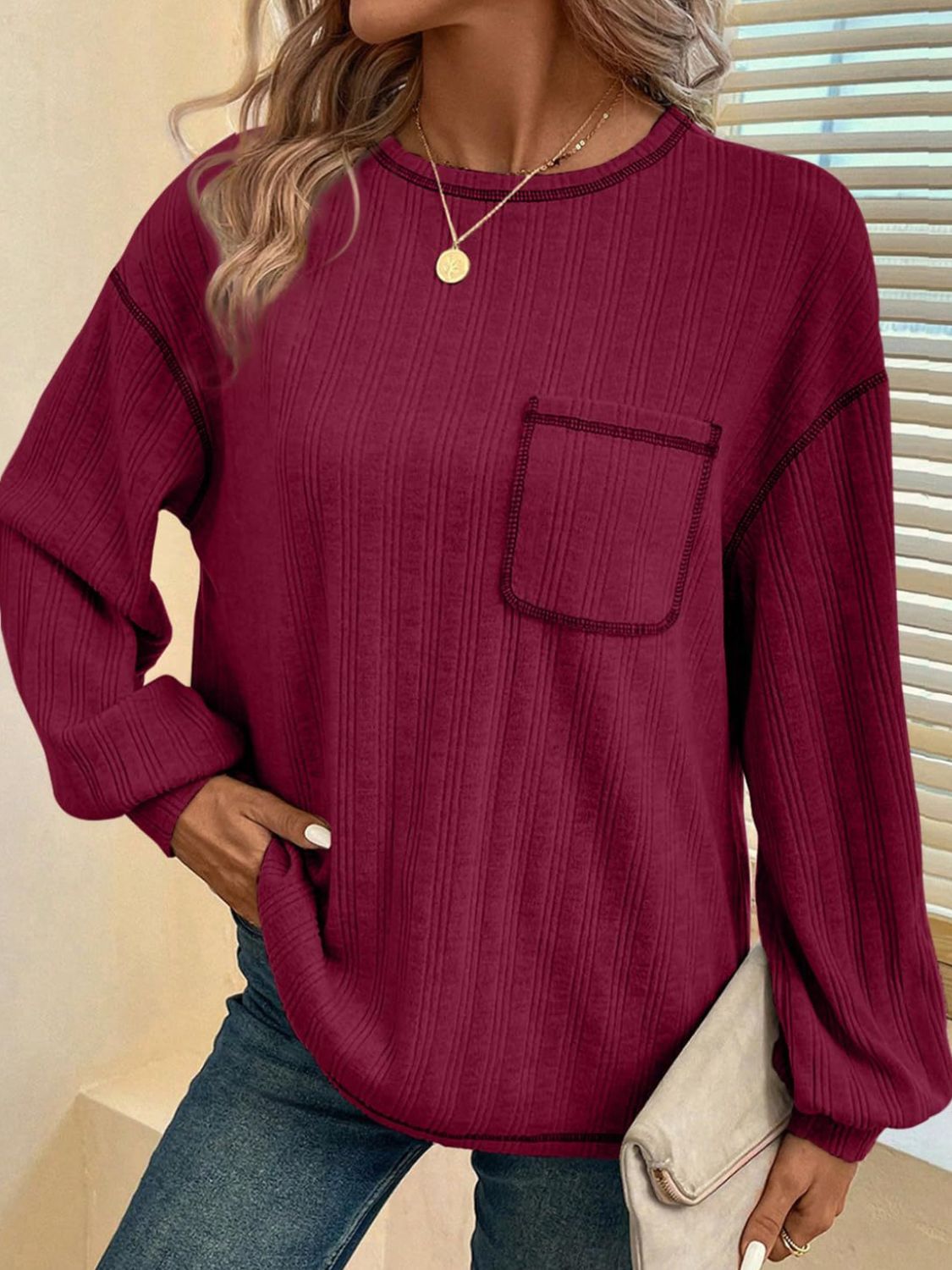 Mandy Contrast Stitching Round Neck Long Sleeve T-Shirt - Charming Charlie