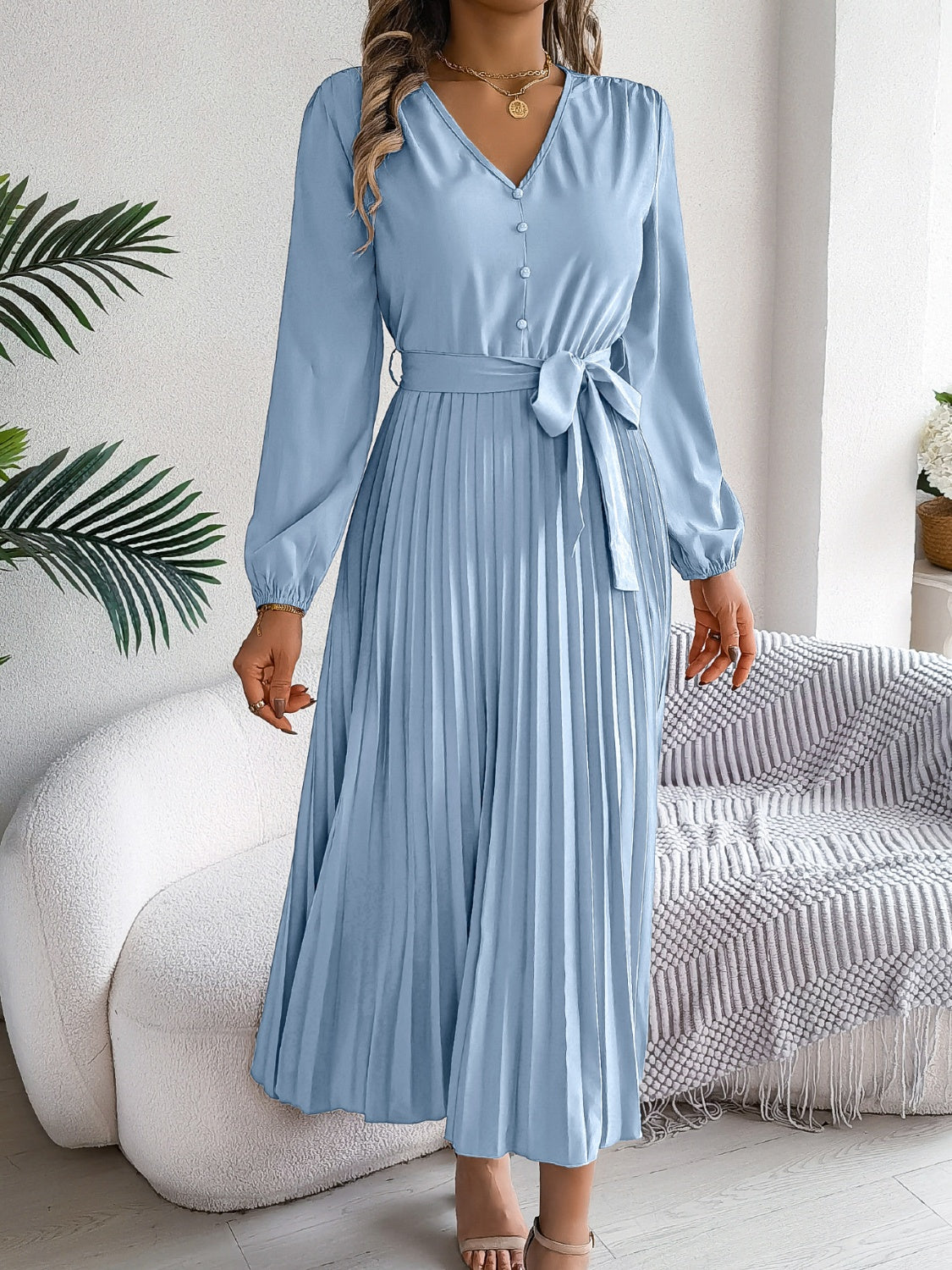 Pleated Tied V-Neck Long Sleeve Dress - Charming Charlie