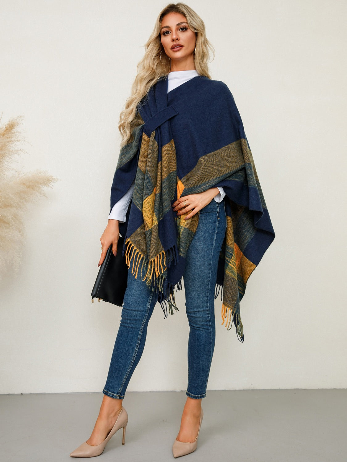 Fringe Contrast Plaid Poncho - Charming Charlie