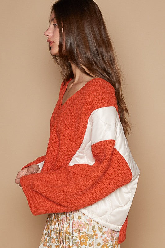 POL Cable Knit Quilting Patch V-Neck Contrast Sweater - Charming Charlie