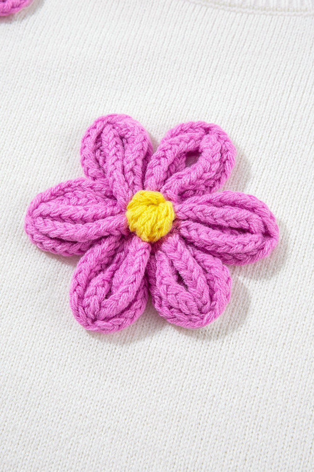 Crochet Flower Round Neck Long Sleeve Sweater - Charming Charlie