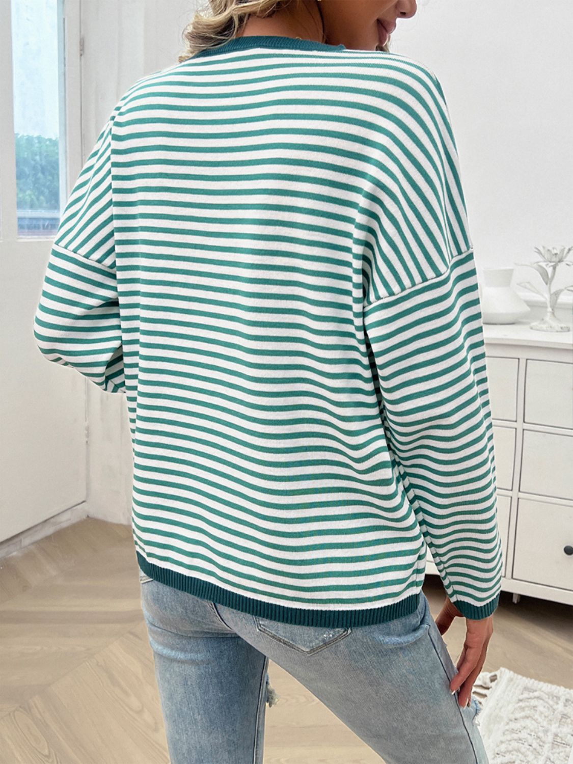 Striped Round Neck Dropped Shoulder Sweater - Charming Charlie