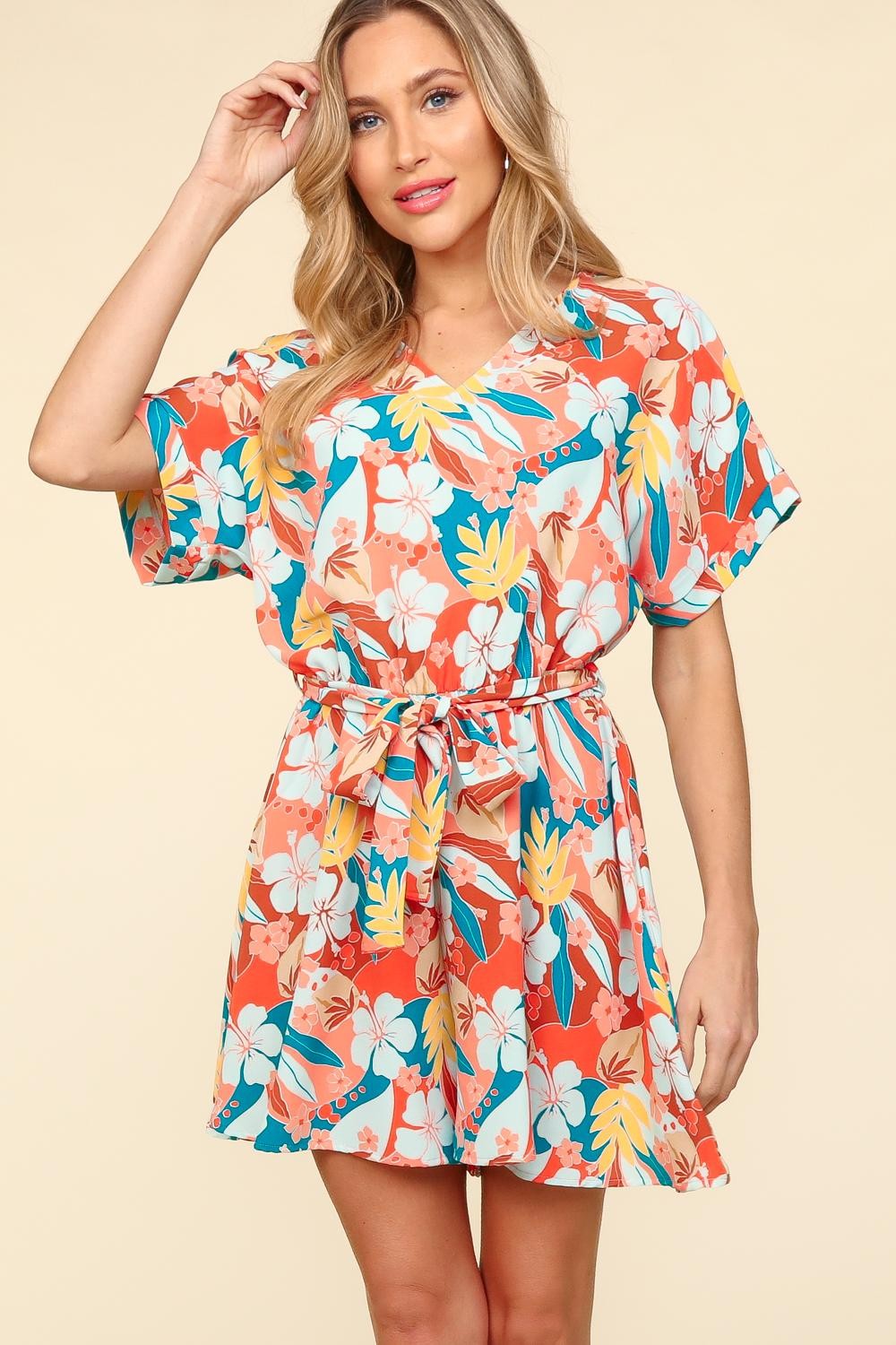 Haptics Tropical Floral Short Sleeve Tied Romper - Charming Charlie