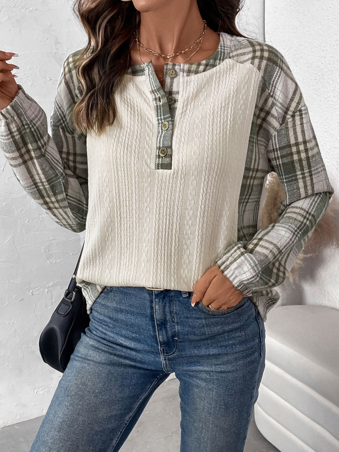 Perfee Plaid Half Button Long Sleeve T-Shirt - Charming Charlie
