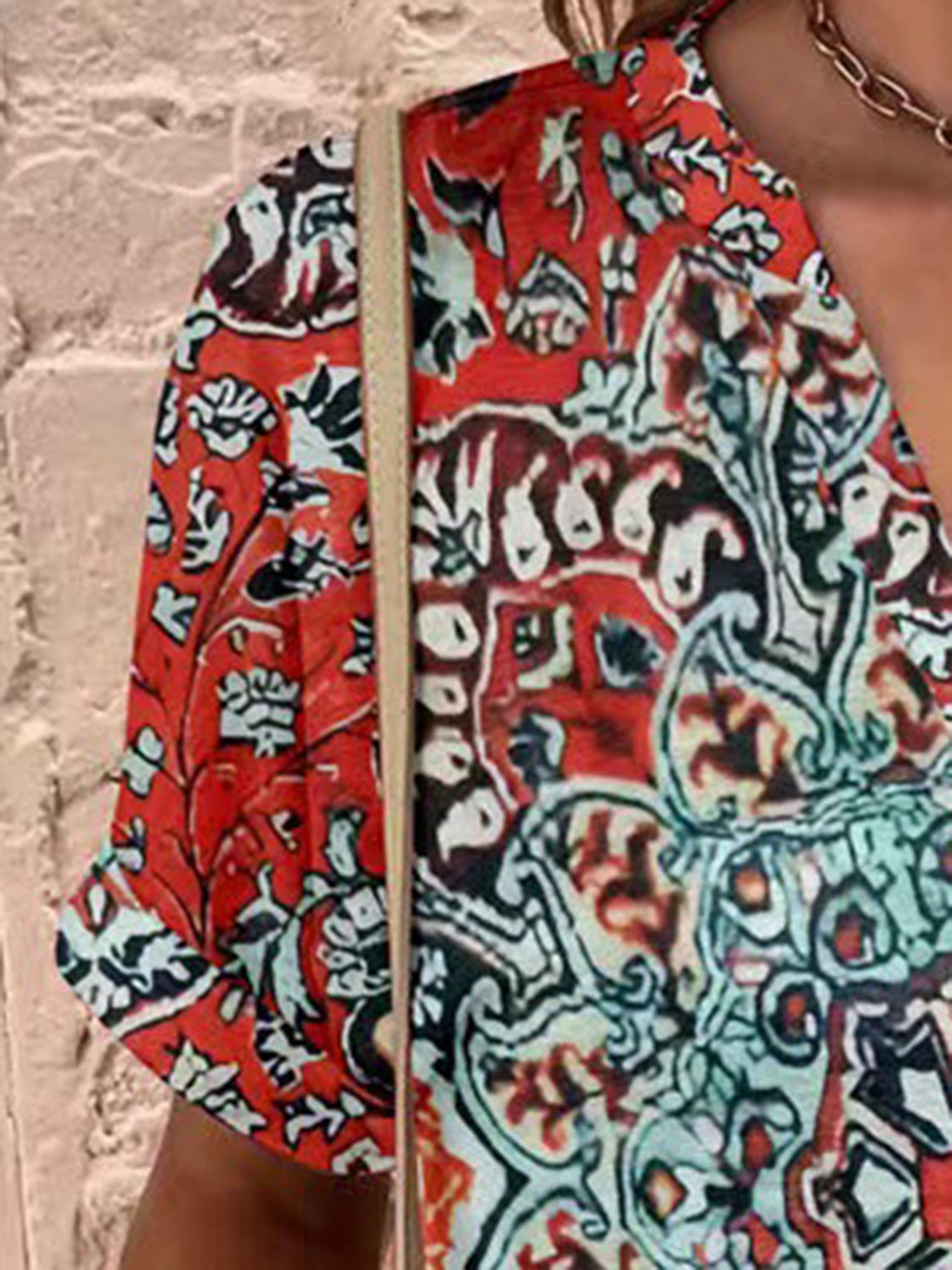Full Size Printed Notched Short Sleeve Blouse - Charming Charlie
