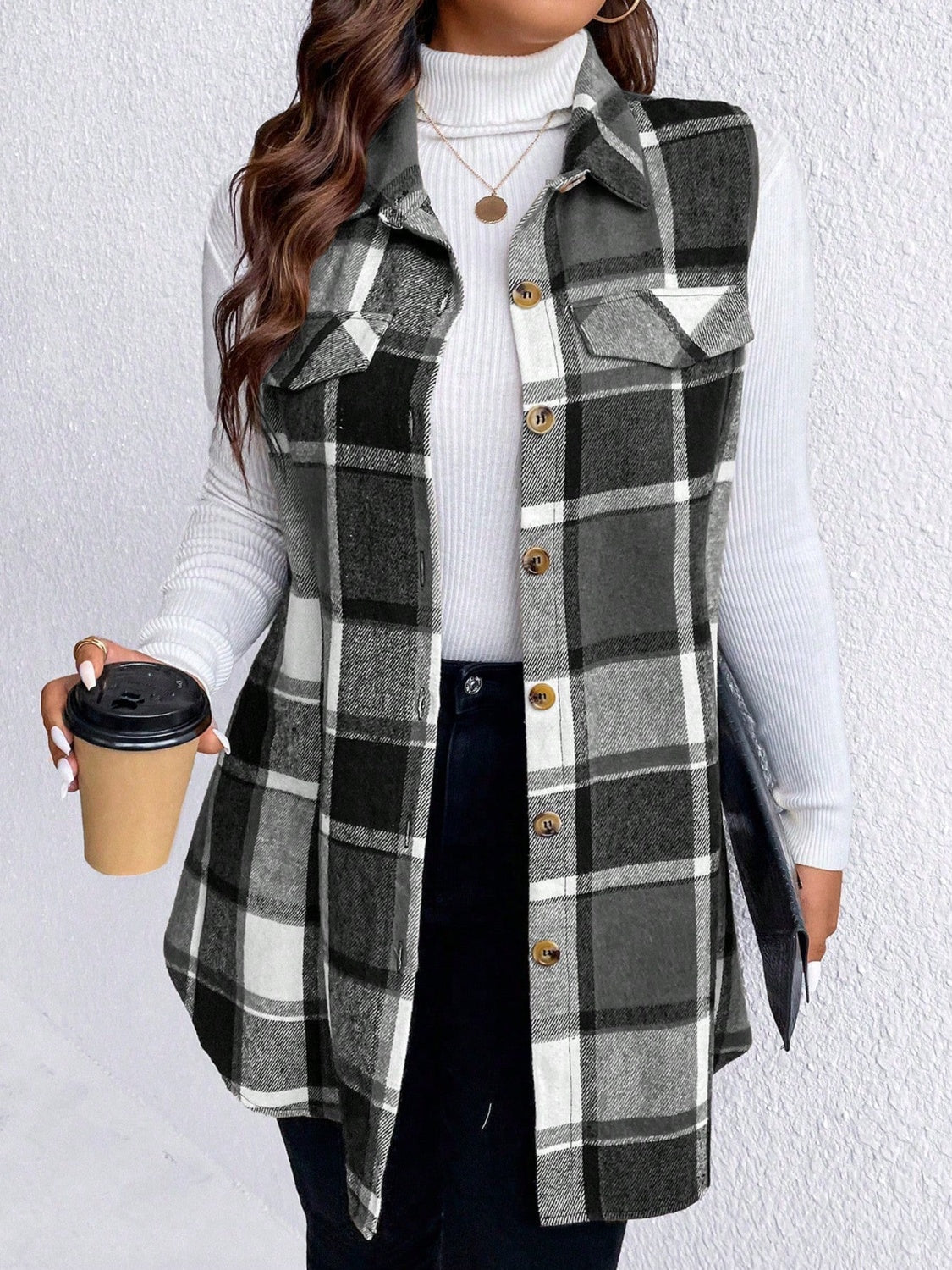 Honey Plus Size Pocketed Plaid Button Up Vest Coat - Charming Charlie