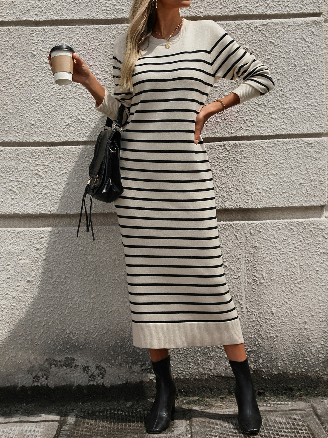Striped Round Neck Long Sleeve Dress - Charming Charlie