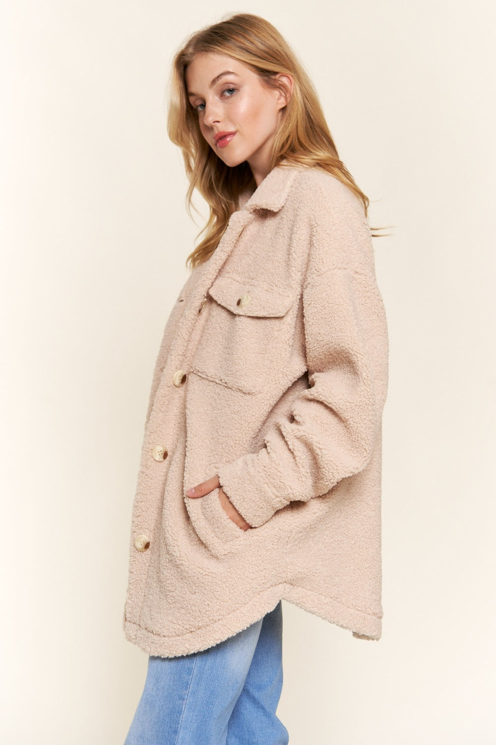 And The Why Teddy Sherpa Button Down Curved Hem Shacket - Charming Charlie