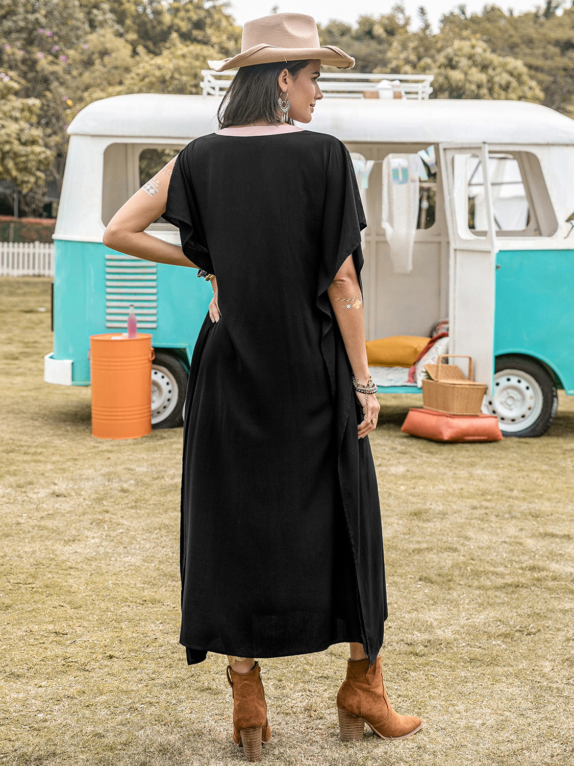 Contrast Trim Notched Slit Short Sleeve Midi Dress - Charming Charlie