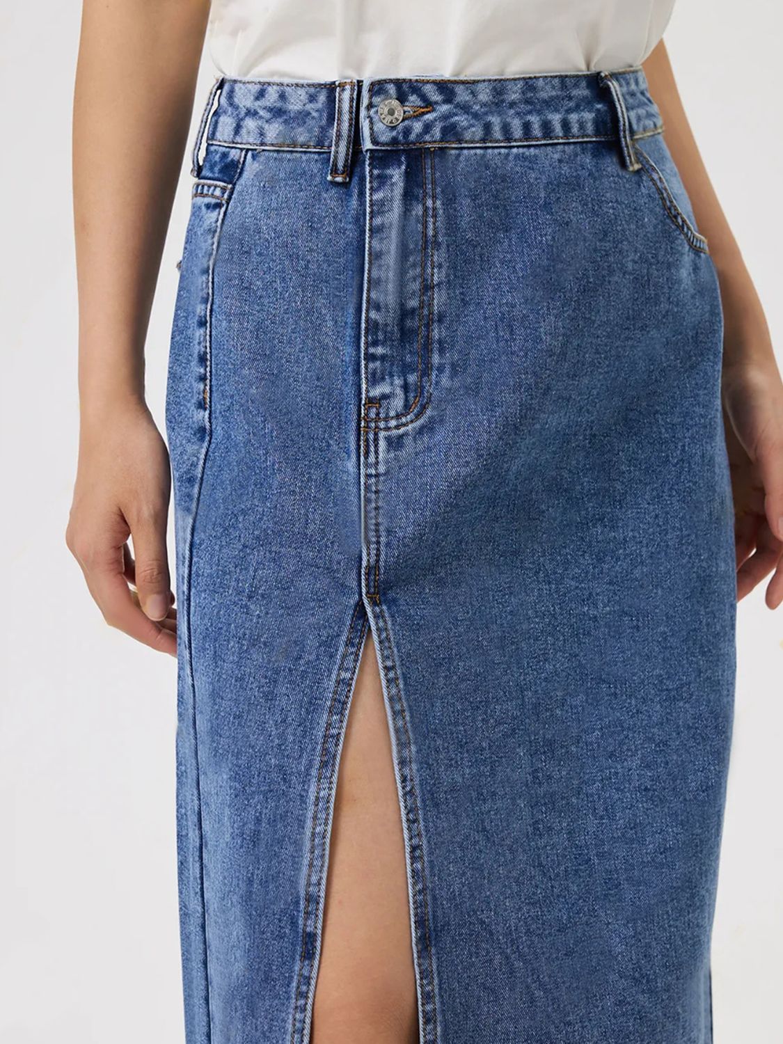 Slit Midi Denim Skirt with Pockets - Charming Charlie
