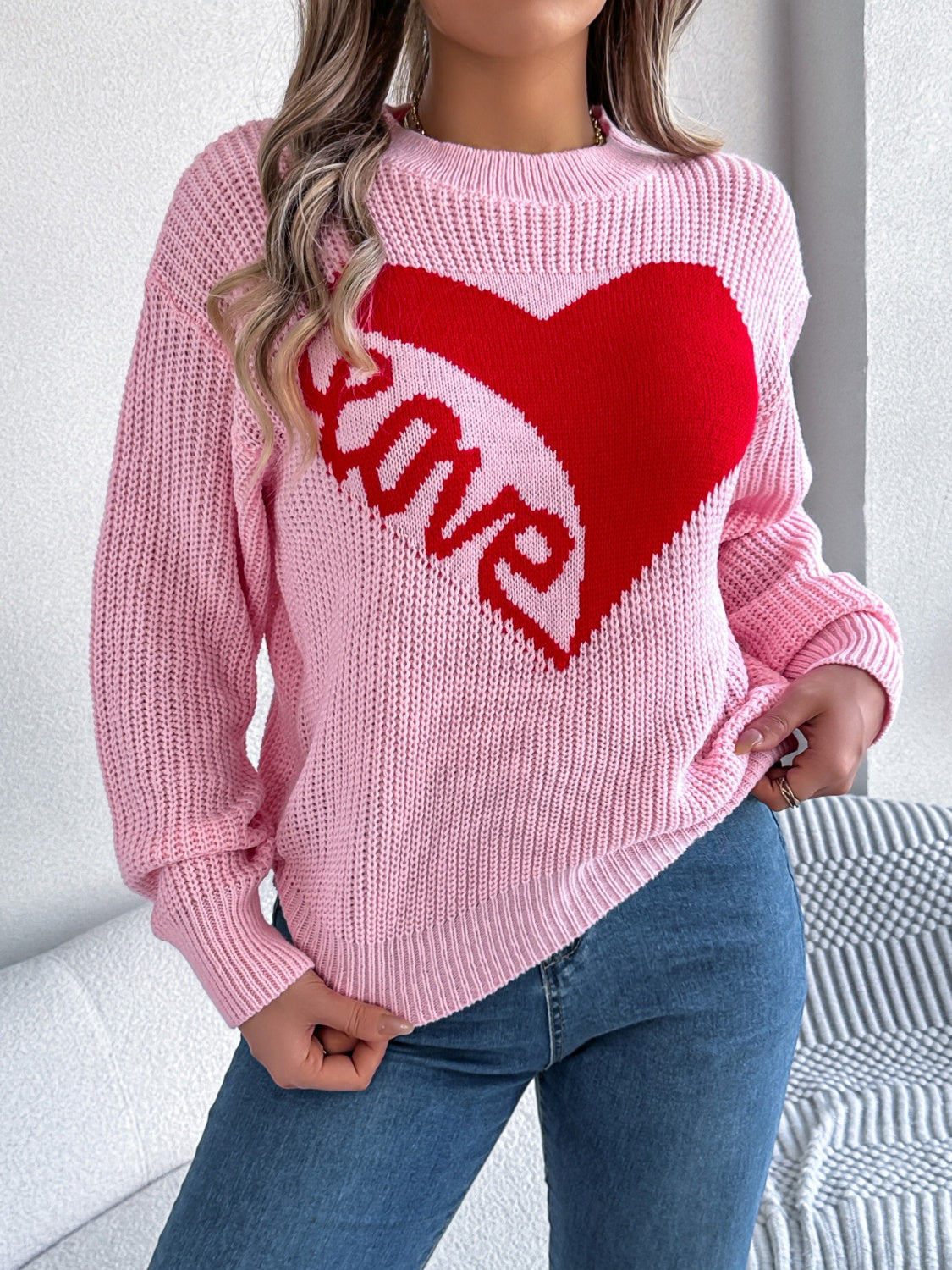 LOVE Heart Round Neck Dropped Shoulder Sweater - Charming Charlie