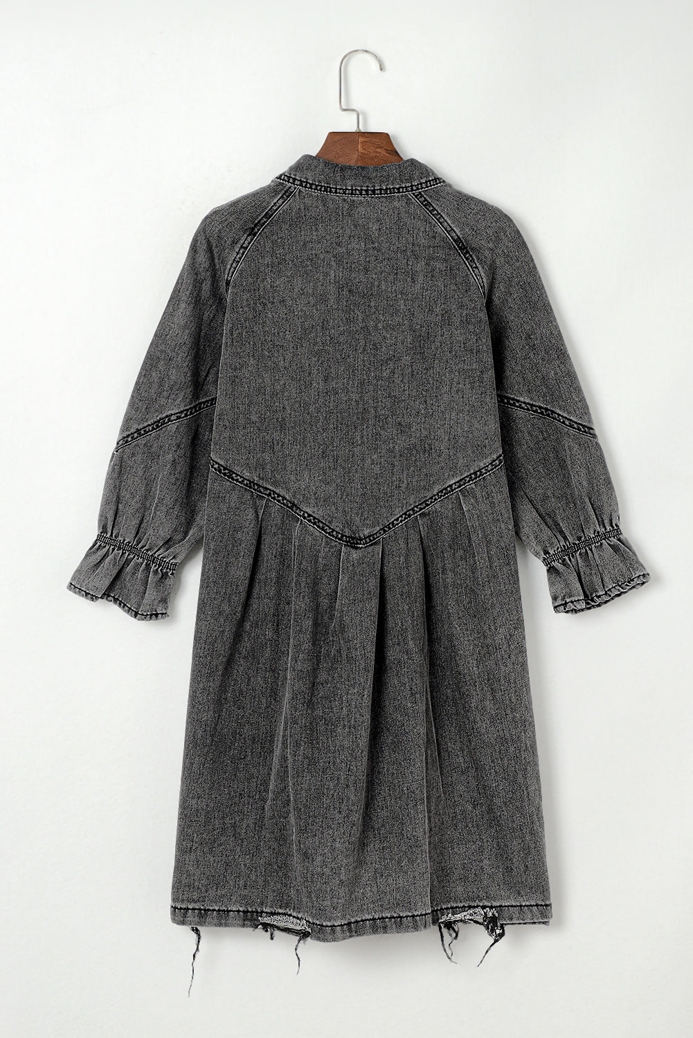 Distressed Collared Neck Flounce Sleeve Denim Dress - Charming Charlie