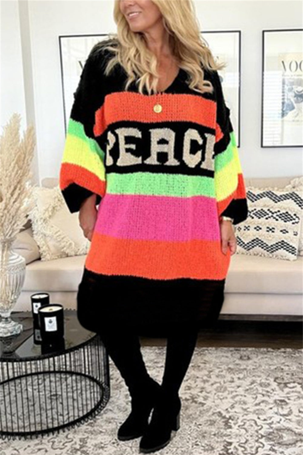 Color Block V-Neck Long Sleeve Sweater Dress - Charming Charlie