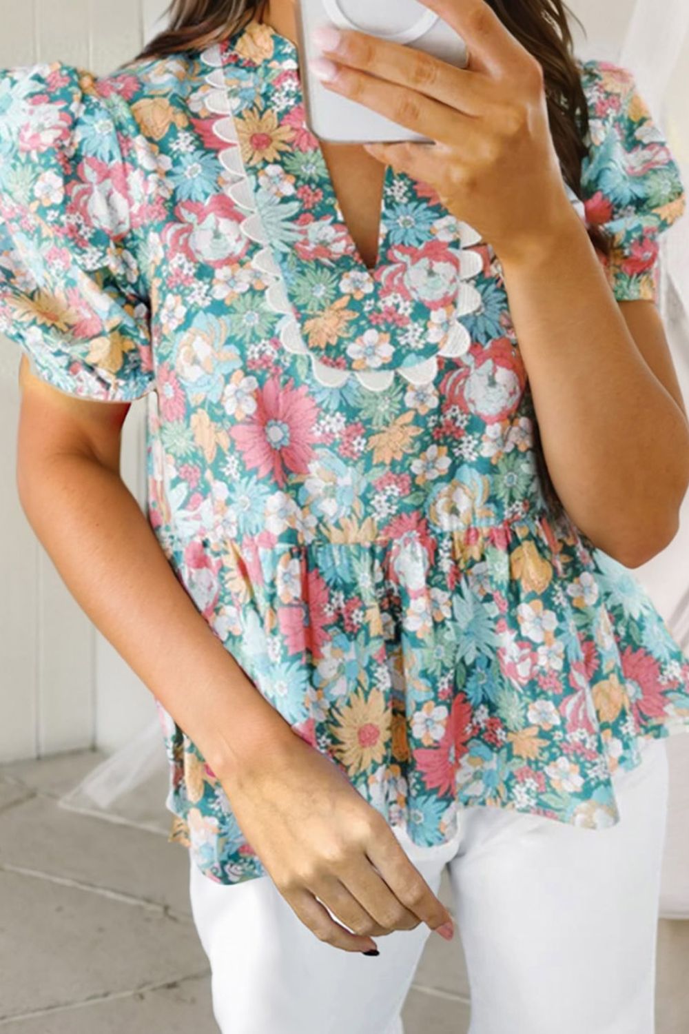 Printed Notched Short Sleeve Blouse - Charming Charlie