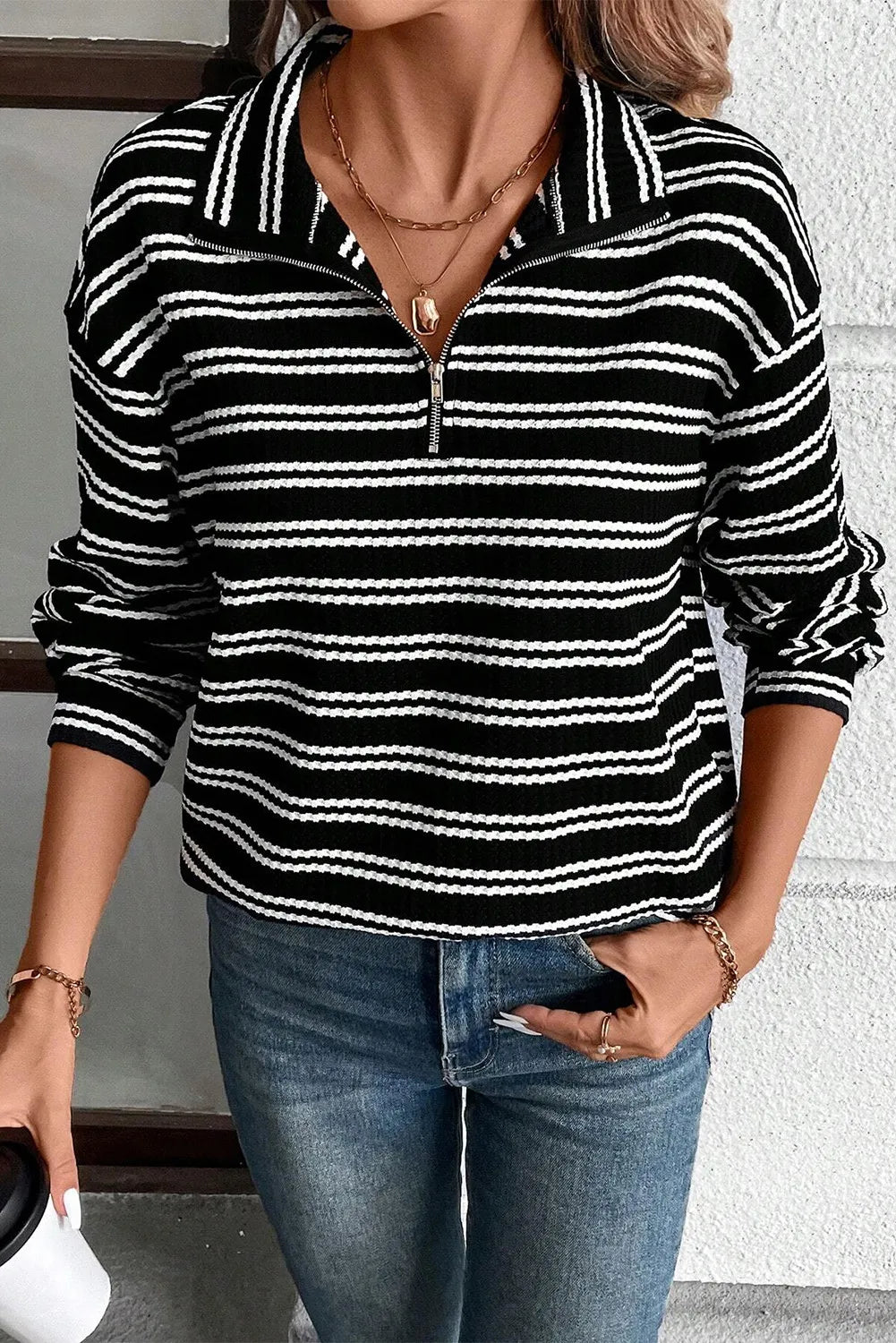 Striped Half Zip Long Sleeve Top - Charming Charlie