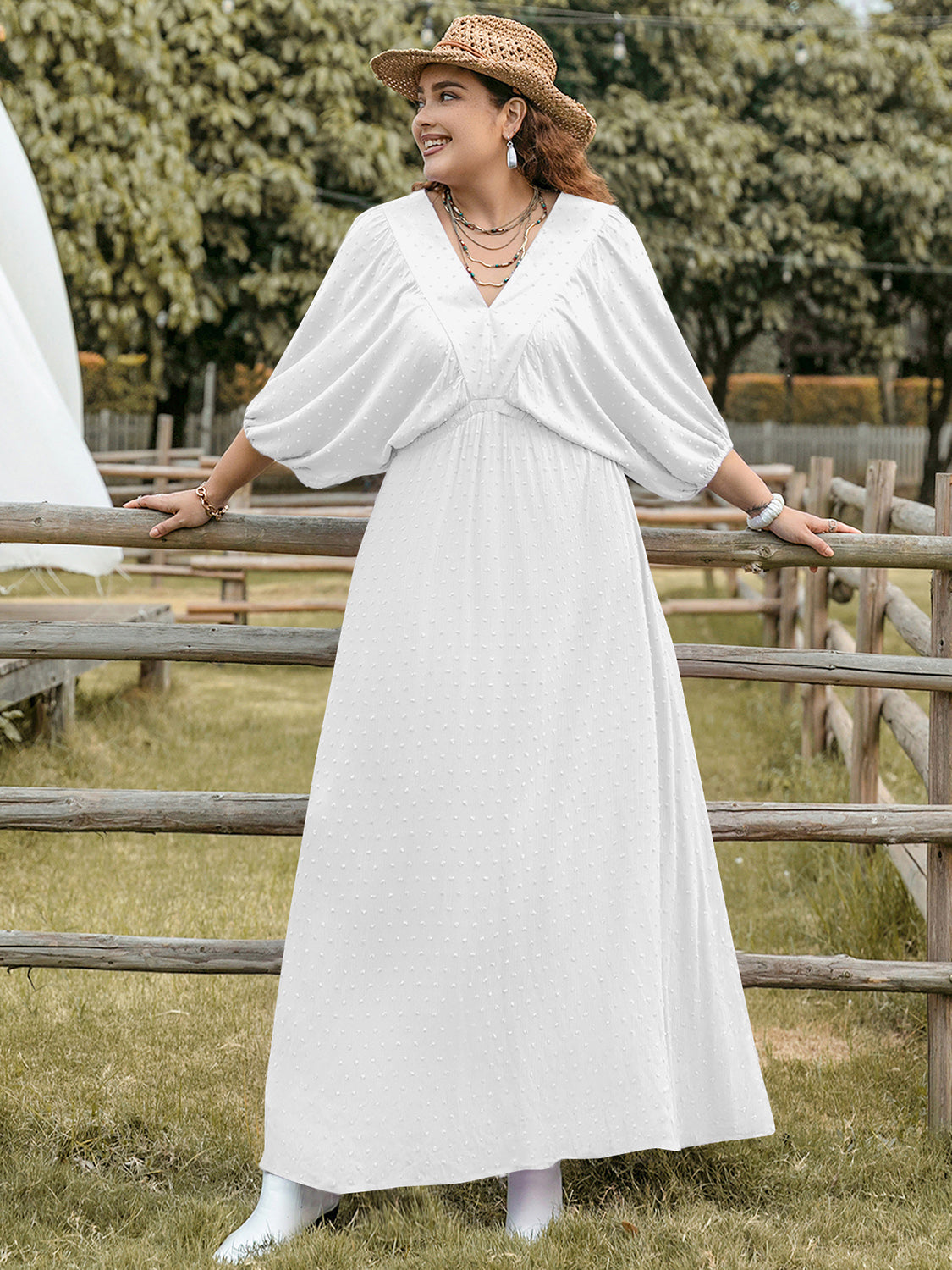 Plus Size Swiss Dot V-Neck Three-Quarter Sleeve Dress - Charming Charlie
