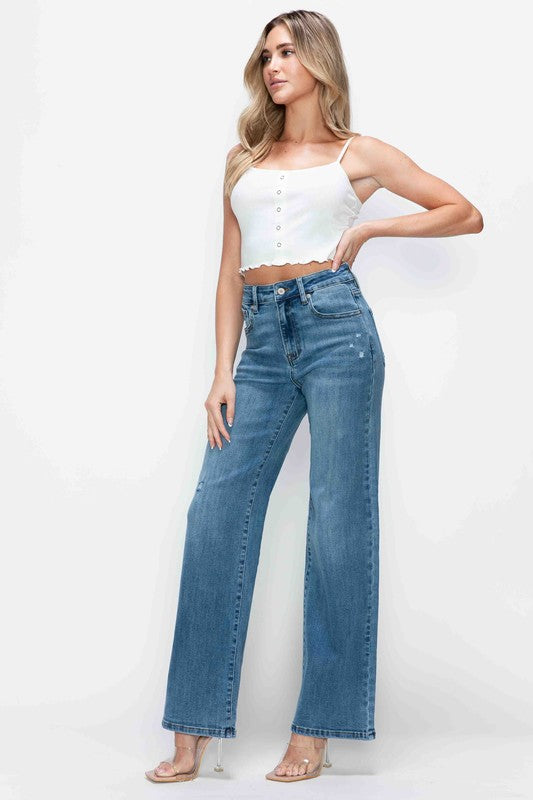 bytos Full Size High Rise Wide Leg Jeans with Pockets - Charming Charlie
