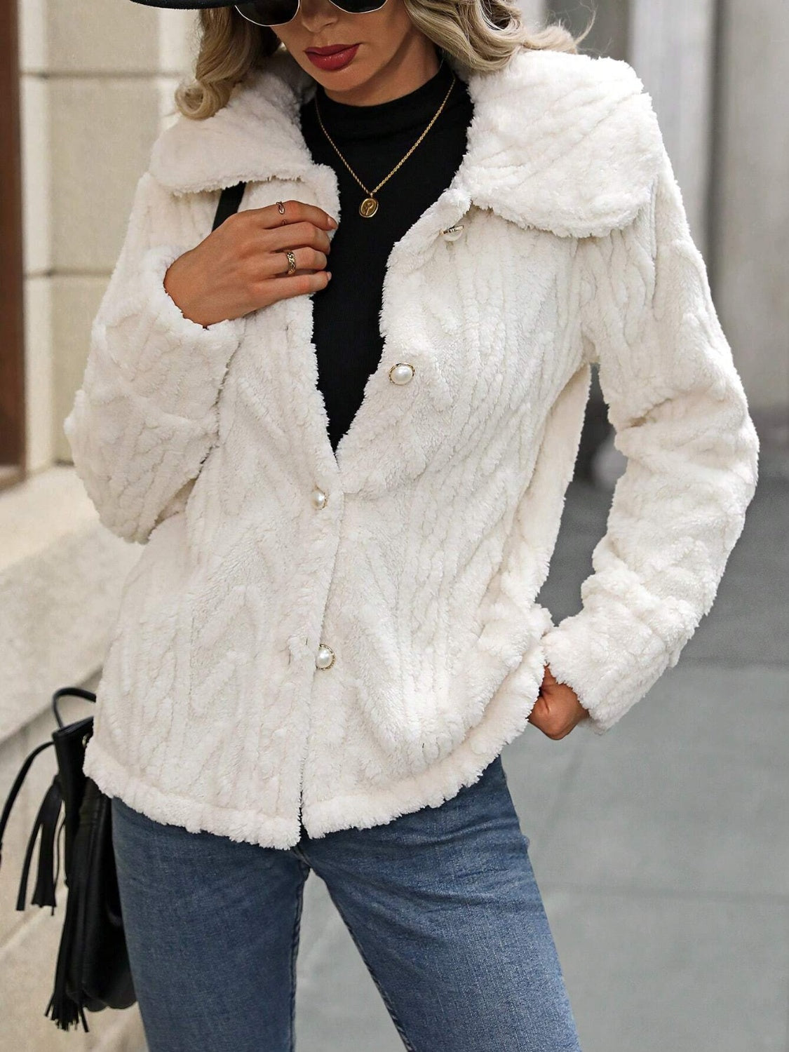 Fuzzy Texture Button Up Collared Neck Coat - Charming Charlie