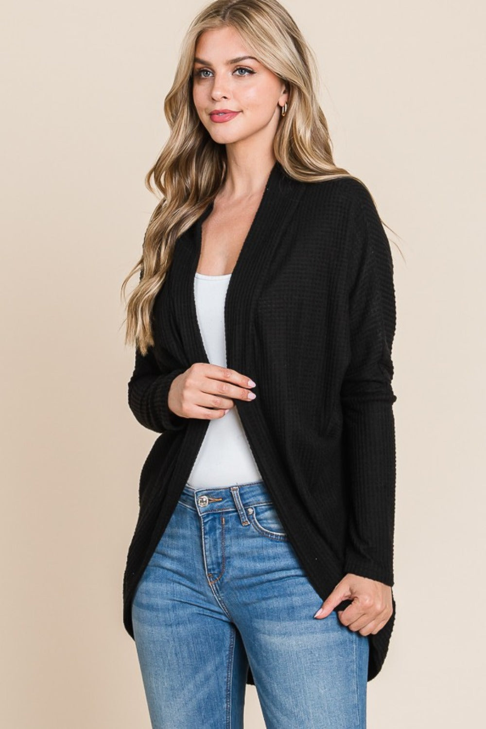BOMBOM Open Front Waffle Knit Cocoon Cardigan - Charming Charlie
