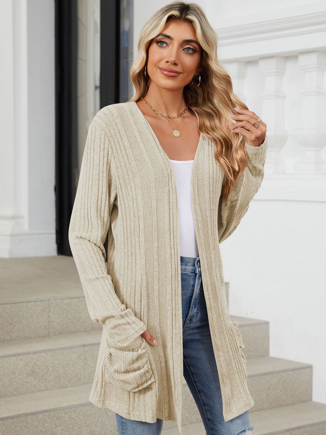 Pocketed Open Front Long Sleeve Cardigan - Charming Charlie