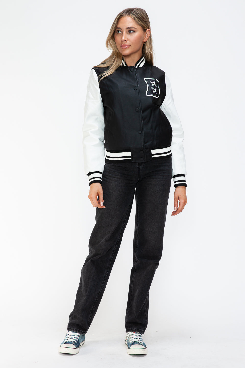 Love Me Now PU Leather Contrast Snap Down Bomber Jacket - Charming Charlie