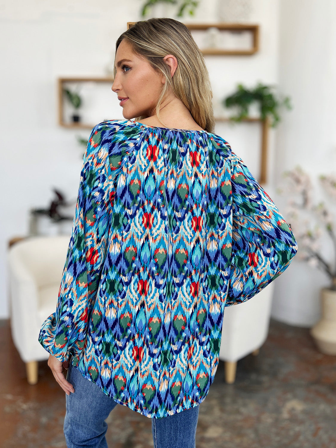 Double Take Full Size Printed Balloon Sleeve Blouse - Charming Charlie