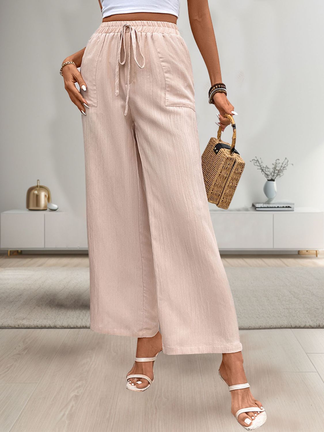 Tied Wide Leg Pants with Pockets - Charming Charlie