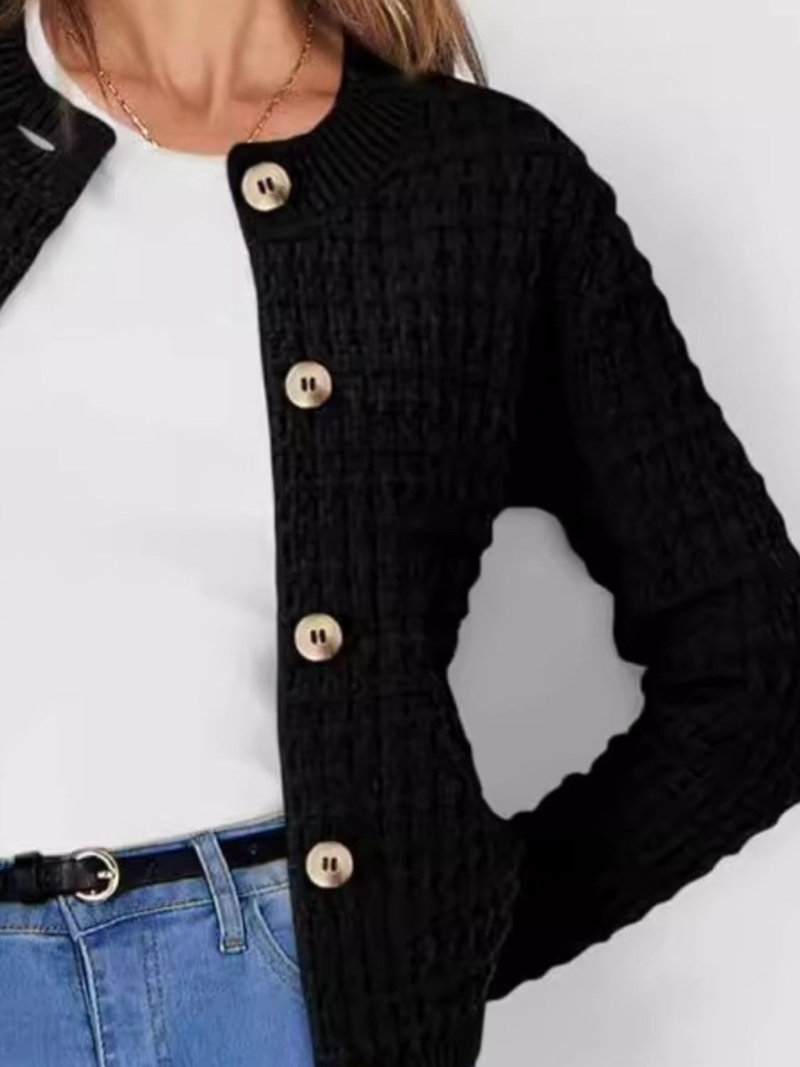 Button Up Round Neck Long Sleeve Cardigan - Charming Charlie