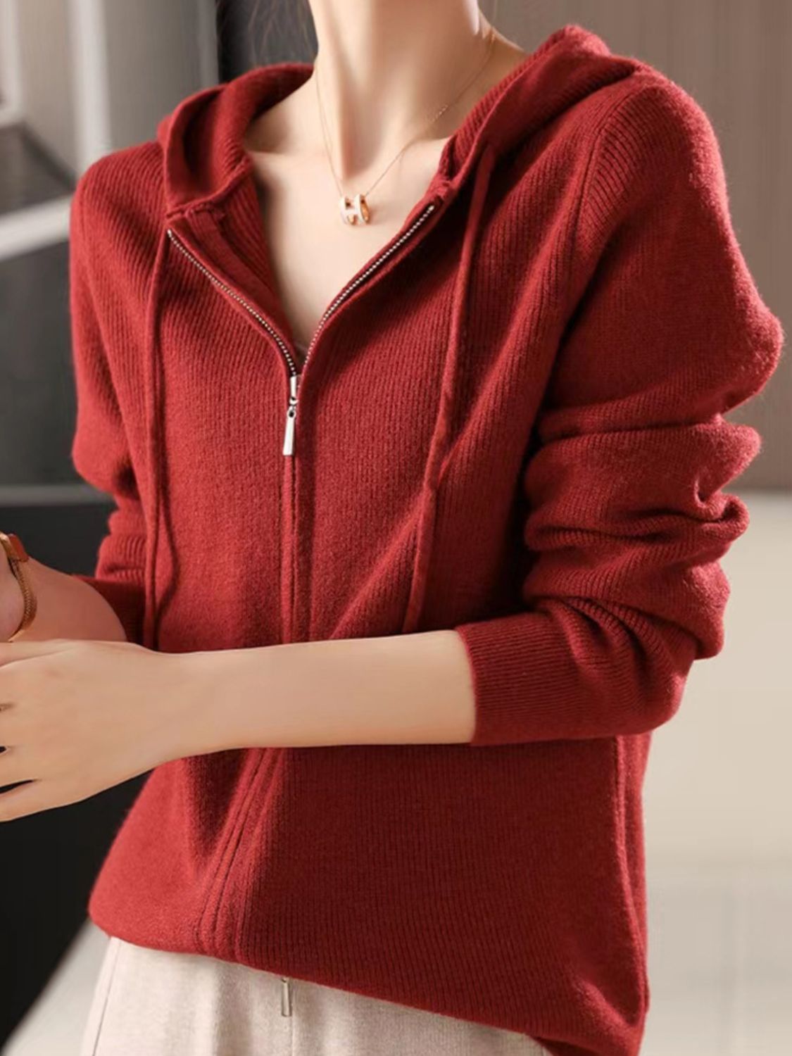 Drawstring Zip Up Long Sleeve Hooded Sweater - Charming Charlie